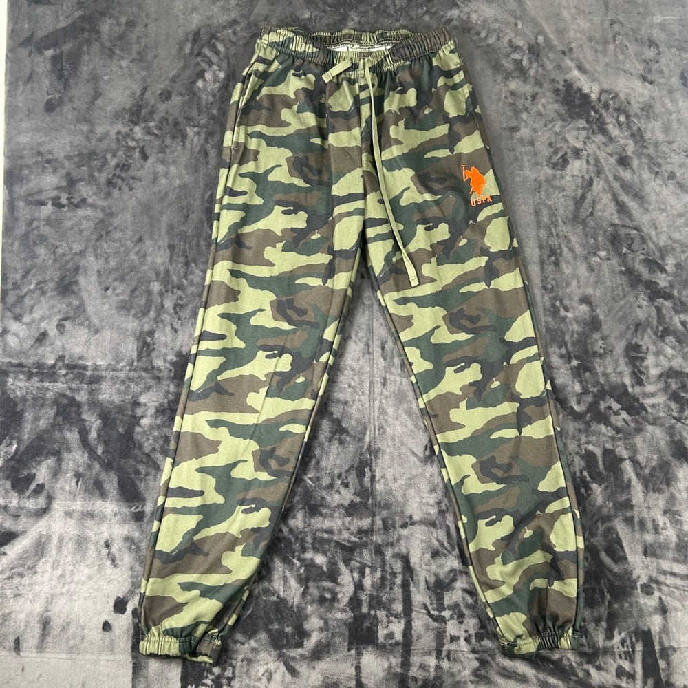 US Polo Assn Jogger Pants Mens M Green Camo Fleece Drawstring Sweatpants